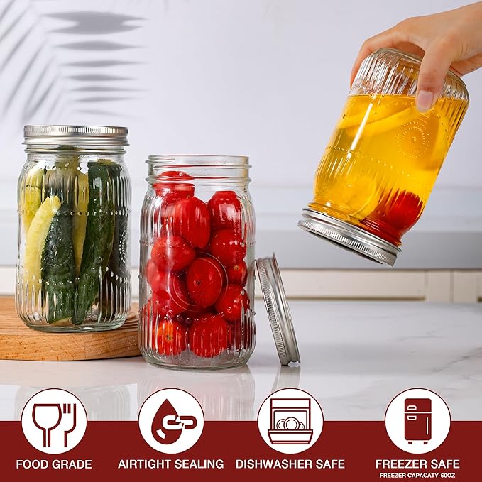 Amzcku 32oz Vintage Mason Jars with Lids, Wide Mouth Quart Canning Jar 12 Pack