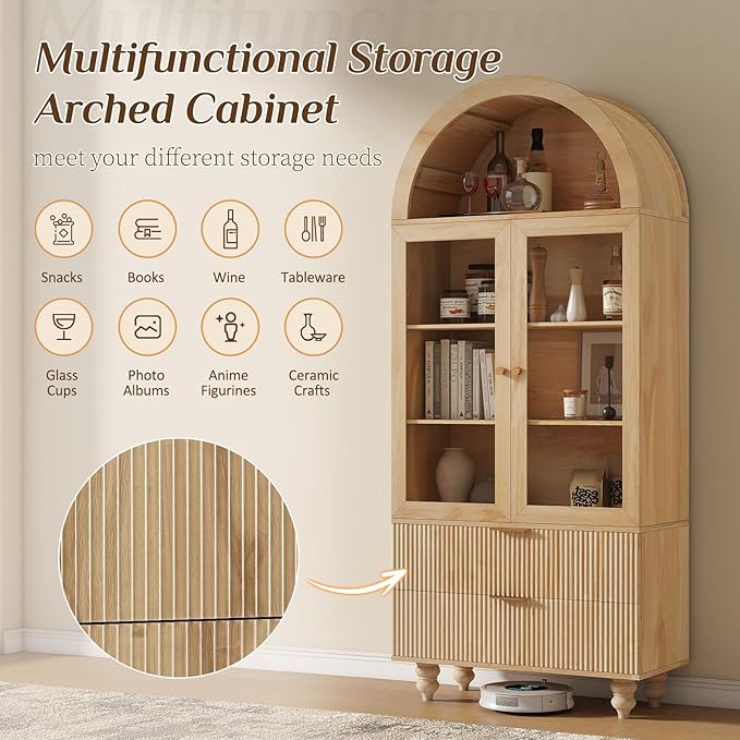 71" Tall Arched Pantry Cabinet With Glass Door, Fluted Kitchen Storage Cabinets with Shelves and Large Drawers, Wooden Buffet Cabinet Credenza for Living Room, Entryway, Coffee Station, Natrual Oak