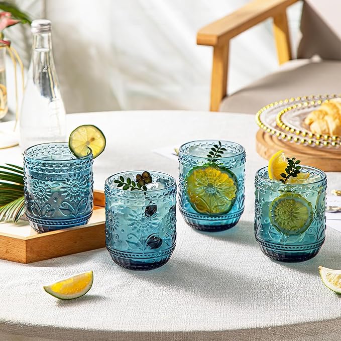 Luminthra Elegant Vintage Crystal Glassware Set, Embossed Floral Drinkware, 12oz Green and Multi-Color Glass Cups for Wine, Cocktails, and Beverages (Blue)
