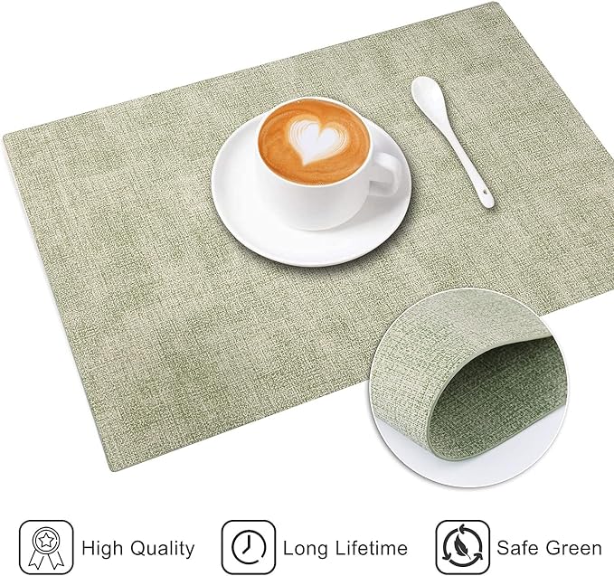 LANDVIEW Leather Heat Resistant Placemats Set of 6 Waterproof Wipeable Washable PU Table Mats,Easy to Clean Anti-Slip Place Mats (Light Green, 6)