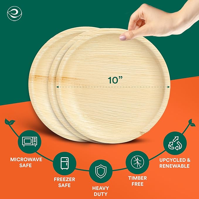 ECO SOUL Palm Leaf Disposable Bamboo Plates 10" Round Compostable & Biodegradable Party Plates for Christmas Dinner, Weddings, Parties & Events 100 Count