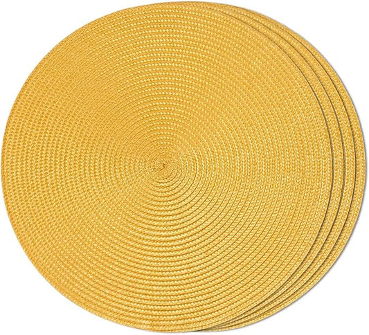 FunWheat Round Braided Placemats Set of 4 Table Mats for Dining Tables Woven Washable Non-Slip Place mats 15inch (Yellow, 4pcs)