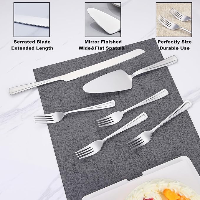 GoGeiLi 6-Piece Cake Serving Set, 13-inch Wedding Cake Knife and Server with 4 Dessert Forks, Premium 18/0 Stainless Steel, Elegant Mirror Finish, Dishwasher Safe