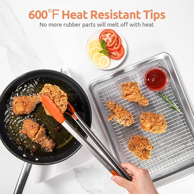 600쨘F Heat Resistant Kitchen Tongs: U-Taste 16 inch Extra Long Large Silicone Cooking Tong with Sturdy Non Stick Rubber Tips & Non Slip Silicon Coated 18/8 Stainless Steel Handle for Grill BBQ(Orange)