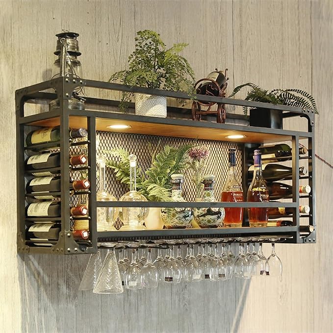 55.1in Wall Mounted Wine Racks, Hanging Wine Rack, Large Capacity Wine Holder, Can Hanging Or Wall Mounted, Simple Type with Light Wine Rack for Bar, Restaurant, Indoor (BLACK, 55.1 * 11.8 * 21.6in)