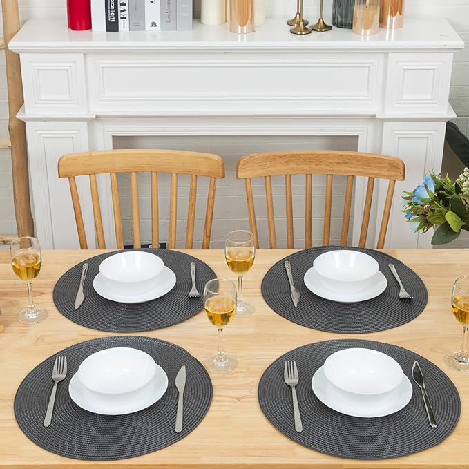 Winknowl Round Braided Placemats Set of 6 Washable Woven Heat Resistant Table Mats for Kitchen Dining Tables 15 inch Round Place Mats (Dark Gray,6pcs)