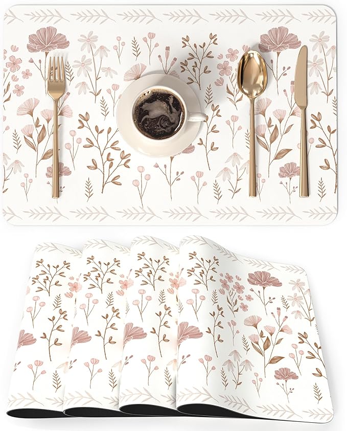 QIYI Placemats Set of 4, 12x18 Inch Faux Leather Place Mats for Kitchen Dinning, Heat Resistant Anti Slip Floral Table Mats, Waterproof Wipeable Washable Placemat Party Beige Table D챕cor, Pink Flowers