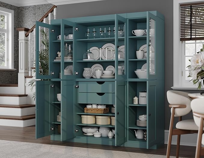 Palace Imports 100% Solid Wood Kitchen China Pantry Cabinet, 65" W - 4 Clear Glass & 4 Shaker Doors, Renewable Eco-Friendly Wood, Made in Brazil (Aqua, 8 China/Shaker Doors | 2 Drawers)