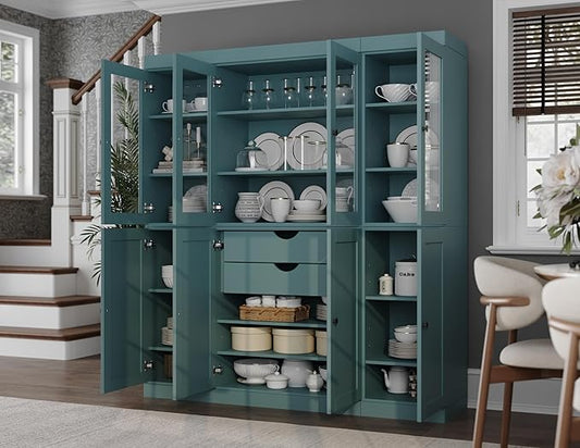 Palace Imports 100% Solid Wood Kitchen China Pantry Cabinet, 65" W - 4 Clear Glass & 4 Shaker Doors, Renewable Eco-Friendly Wood, Made in Brazil (Aqua, 8 China/Shaker Doors | 2 Drawers)