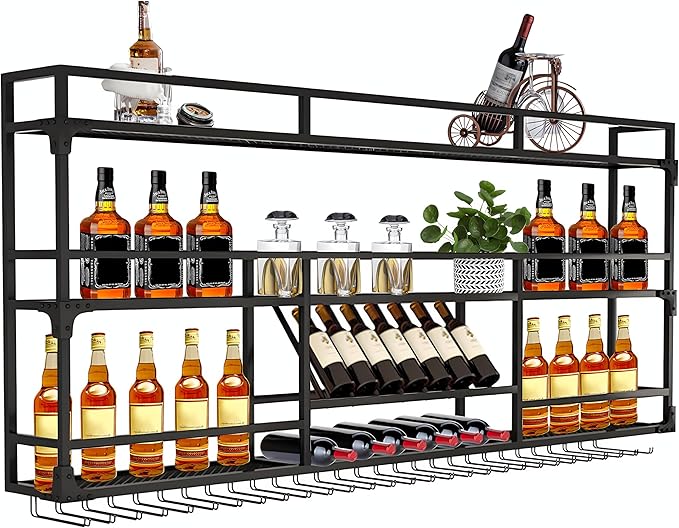 Wall Mounted Wine Rack, Floating Industrial Liquor Glass Holder 3 Tiers, Large Metal Wine Bottle Display Rack Hanging Shelf, for Home Bar Dining Room Decorative (Black-B, 39.37x35.43x9.84in)