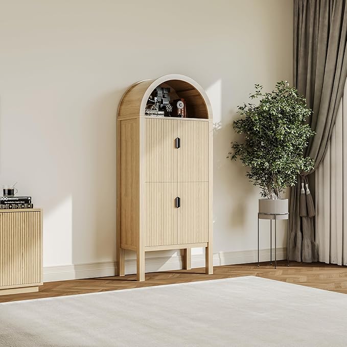 71" Tall Arched Fluted Storage Cabinet - Modern Pantry Cabinet with 4-Tier Shelves, Open Display & Sealed Storage, Accent Sideboard for Living Room Kitchen Dining Room (Natural Wood)