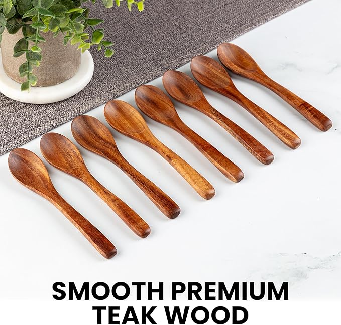 Zulay Kitchen Teak Wood Small Honey Spoons Set ??8 Piece Mini Wooden Honey Dippers, Handcrafted Natural Teak Wood, Durable, Smooth Finish & Food-Safe Design