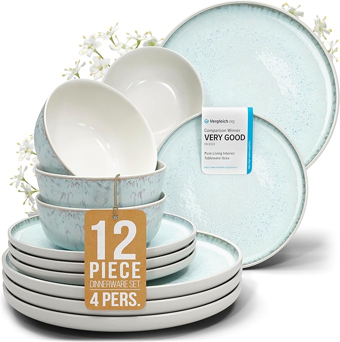 Stoneware dinnerware set 4 persons 12 pcs ??Modern style plates and bowls set ceramic ??Dishwasher, microwave and scratch resistant ??Bowl and plate set ??Dinner service Pure Living beige & light blue