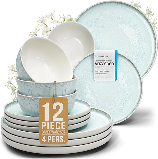 Stoneware dinnerware set 4 persons 12 pcs ??Modern style plates and bowls set ceramic ??Dishwasher, microwave and scratch resistant ??Bowl and plate set ??Dinner service Pure Living beige & light blue