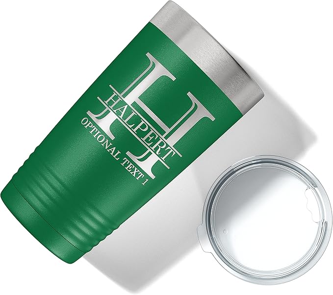 Personalized 20oz (17 Colors) Powder Coated Insulated Stainless Steel Tumbler with Lid, Custom Etched, Customized Engraved Gift Idea for Women Men Her Him, Halpert Monogram Initial Name (Green)