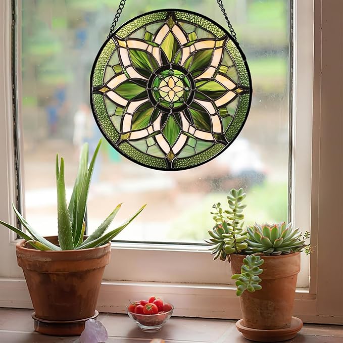 Stained Glass Window Hanging - White Green Boho Flower Suncatcher for Doors Window Home Sun Catchers Decor Christmas Mother's Day Birthday Gifts for Teacher Women Men Mom Nana 9.8 in