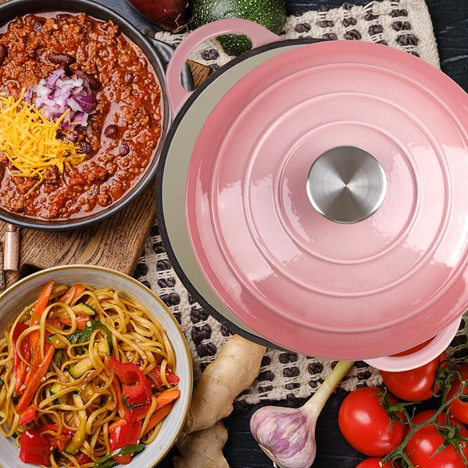 6 Quart Dutch Oven Enameled Cast Iron with Lid - Big Dual Handles - Oven Safe up to 500째F - Classic Round Pot for Versatile Cooking (Pink, 6 QT)