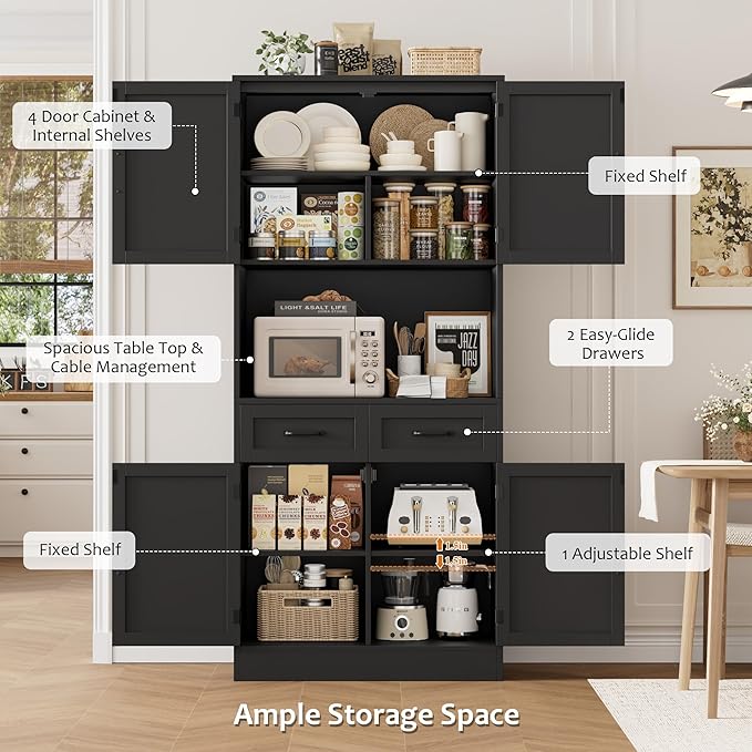 HOSTACK 71??Tall Kitchen Pantry Storage Cabinet, Modern Kitchen Hutch Bar Cabinet with Microwave Stand, Wood Buffet Sideboard with Hutch, Cupboard with Drawers, Shelves for Dining Room, Black