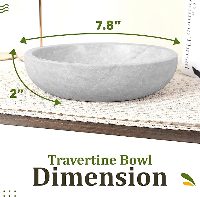 Travertine Decorative Bowl - 7.8??Diameter & 2??Height - Key Bowl for Entryway Table - Organic Modern Centerpiece - White/Gray
