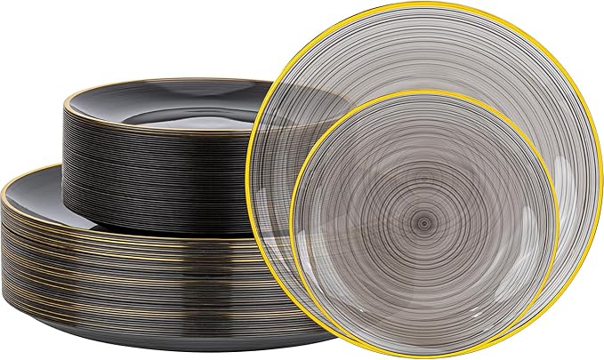 Morejoy 100Pcs Black Plastic Plates,Black Disposable Plates With Gold Rim,Heavy-duty Gold Plate, Modern swirl design Plate Include 50Clear Dessert-plates,50Dinner-plates for Party,New Year