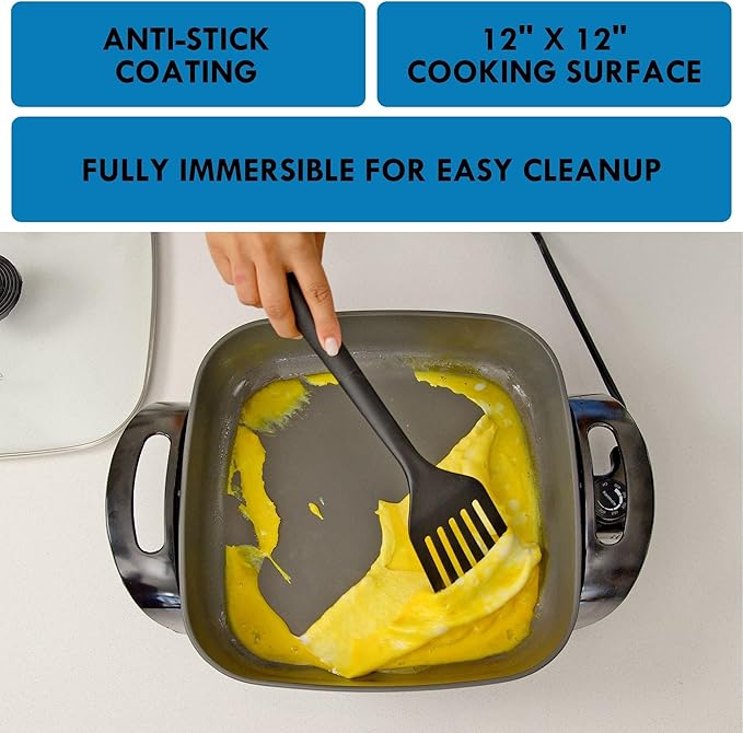 Kenmore Electric Skillet - Nonstick Frying Pan With Removable Glass Lid, Grill, Saute, Roast Chicken, Cook Pancake, 12x12" Temperature Control Easy Clean Countertop Kitchen Appliance