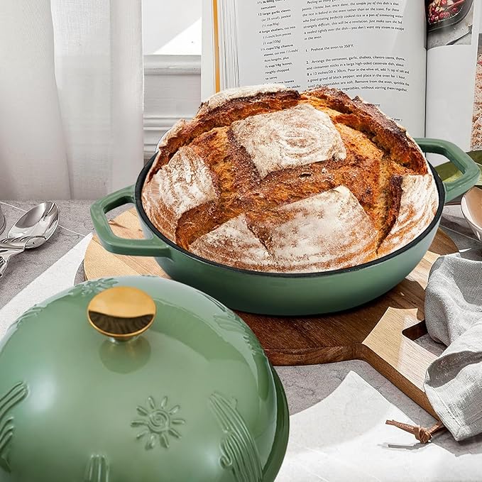 Bread Oven Cast Iron Bread Dutch Oven with Cloche Lid for Bread Baking Darkcyan Enameled Cast Iron Bread Oven with Dome Lid for Sourdough, 9.8 Inches