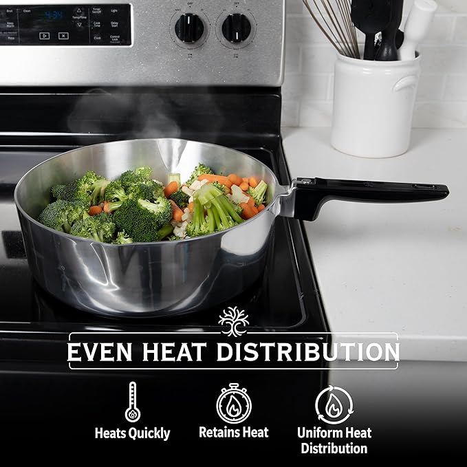 Cast Aluminum Saut챕 Pan with Lid 12 inch - Oven Safe Deep Frying Pan with Lid, Two Side Spouts and Ergonomic Stay-Cool Handle for Comfortable Grip and Pouring (4 Quart)