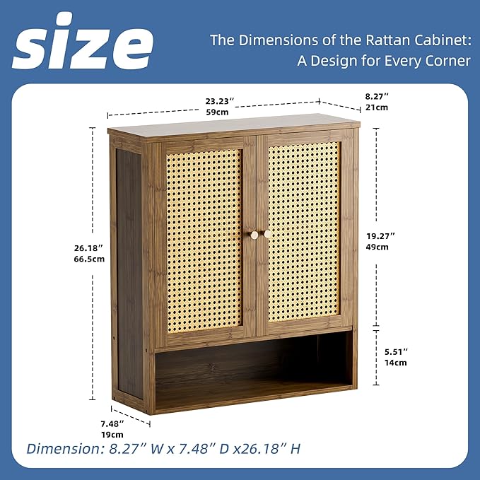 HITNET Bamboo Medicine Cabinet, Wall Mounted Bathroom Cabinet with Adjustable Shelf, Double Rattan Door Hanging Storage Organizer Over Toilet for Entryway, Laundry Room (Walnut)