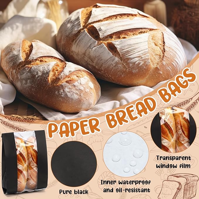 Domensi 450 Pcs Paper Bread Bags for Homemade food 13.7 x 8.2 x 3.5 Inch Large Paper Bakery Bag with Window Sourdough Bread Bags for Baked Food Packaging Storage (Black)