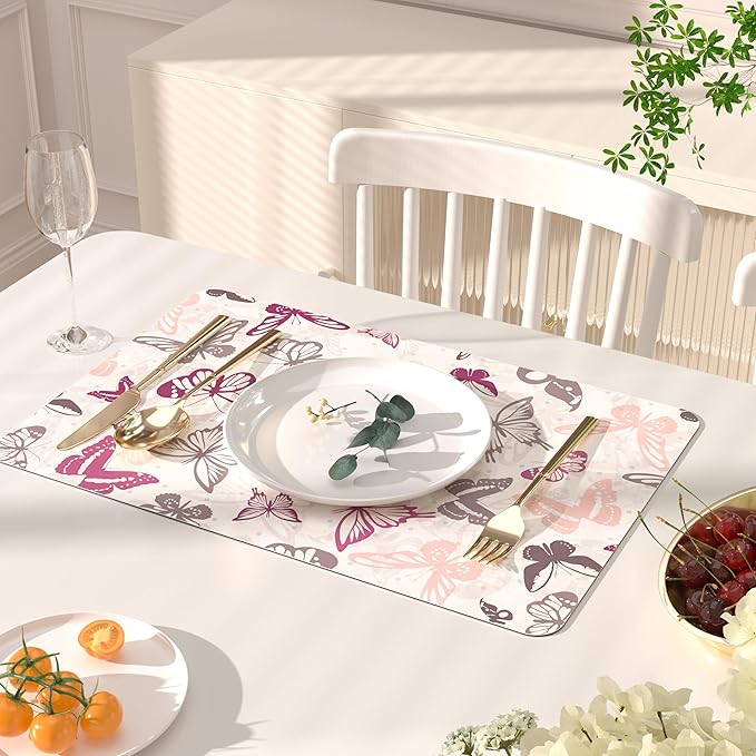 QIYI Placemats Set of 6, 12x18 Inch Faux Leather Place Mats for Kitchen Dinning, Heat Resistant Anti Slip Table Mats, Waterproof Wipeable Washable Placemat Party Table D챕cor, Watercolor Butterflies