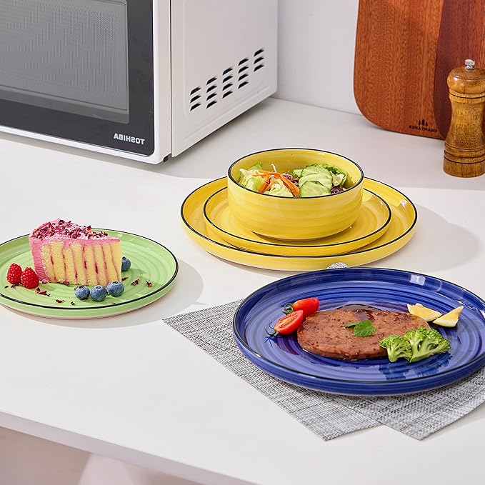 Alntlsiss Bonita Dinnerware Sets 18 Pieces, Blue Stoneware Dishes Set for 6, Plates Set and Bowls Sets, Dishwasher and Microwave Safe (Vibrant 18, large)