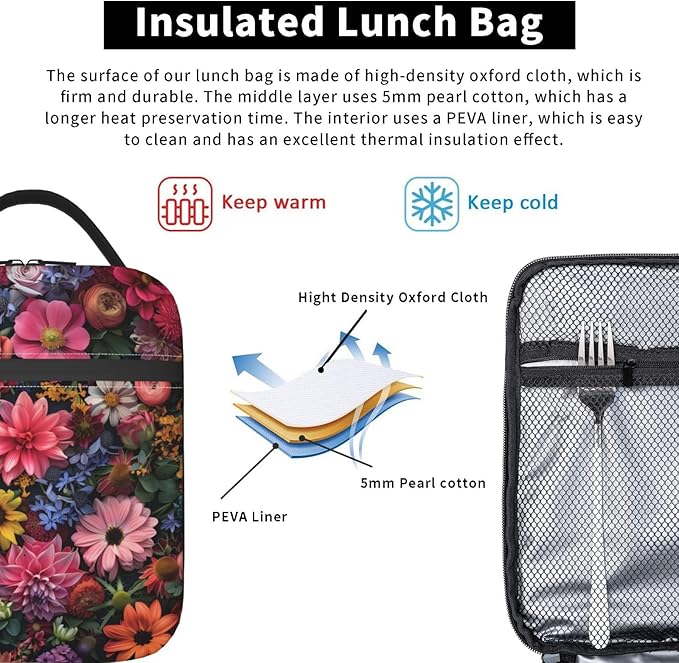 VANZEV Insulated Lunch Box for Women Men, Floral Flower Theme Lunch Box Reusable Portable Lunch Bag Cooler Tote Waterproof Lunch Container for Office Picnic Work Travel