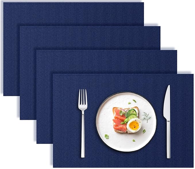 Blue Forest Placemats Set of 4, Dual-Layered Thickened Faux Linen Table Mats Heat Resistant Machine Washable Wrinkle Free Place Mats for Kitchen Dining Outdoor/Indoor (NavyBlue)