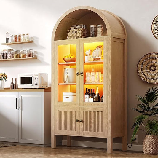 DWVO 71" Tall Arched Kitchen Pantry/Wood Kitchen Storage with Tempered Glass Doors and Adjustable Shelves/Bookcase Cabinet with Storage for Dining Room-Natrual