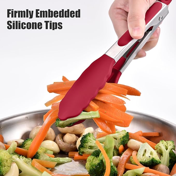 Doosu Kitchen Tongs for Cooking - 600째F Heat Resistant Food Tong with Non-Scratch Silicone Tips, Heavy Duty Stainless Steel Locking Tong for BBQ, Grilling Steak, Serving Salad, Pasta (7in, Red)