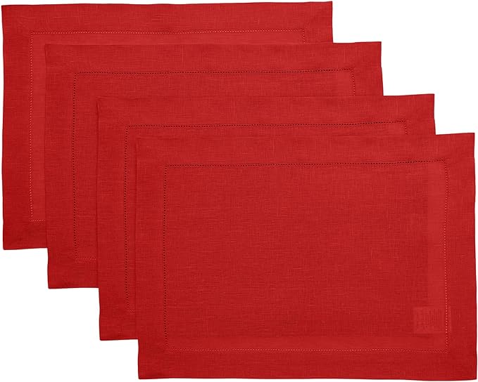 Solino Home Linen Placemats Set of 4 - Classic Hemstitch Red Placemats 14 x 19 Inch - 100% Pure Linen Table Mats for Holiday
