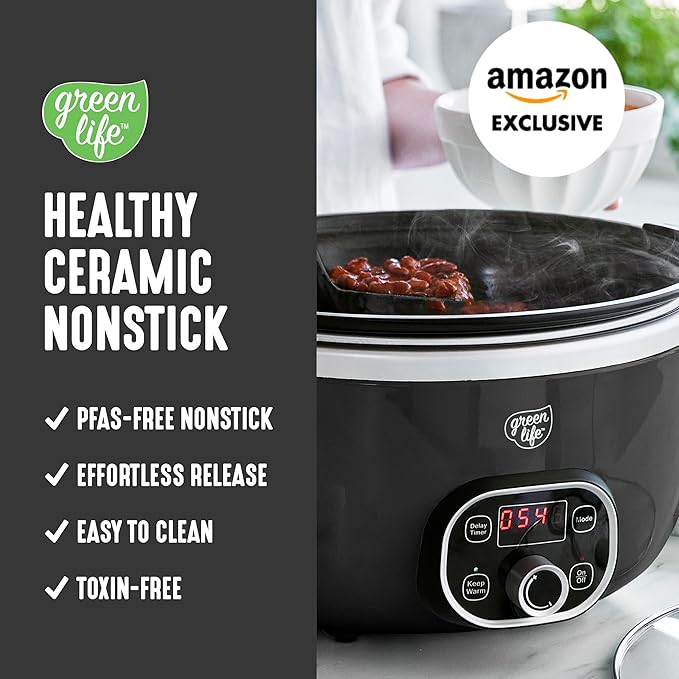 GreenLife 8QT Slow Cooker, Non-Toxic PFAS-Free Ceramic Nonstick Removable Interior Bowl, Programmable, Family Friendly, Keep Warm, Stovetop & Oven Safe, Dishwasher Safe Crock, Timer, Glass Lid, Black