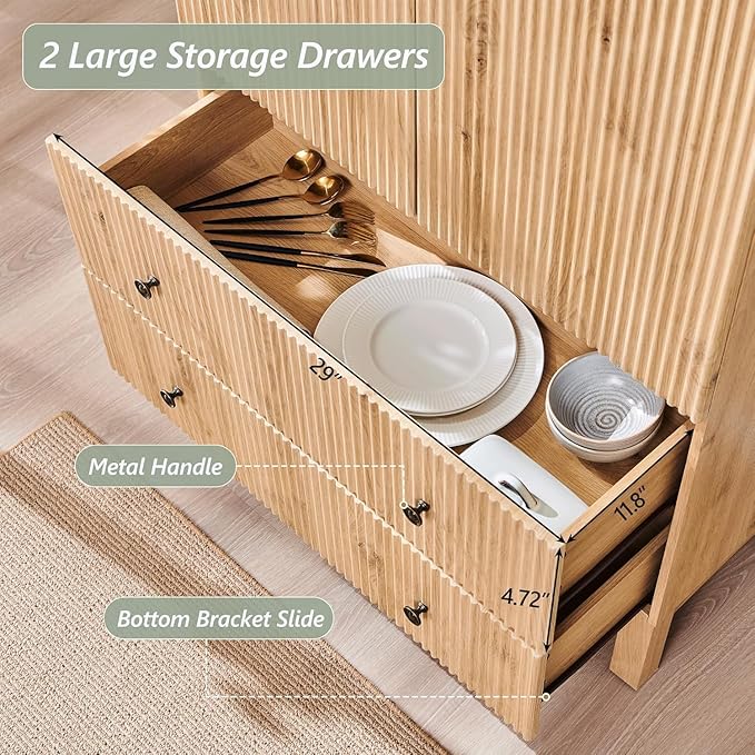 Fluted Arched Pantry Cabinet, 71" Tall Kitchen Storage Pantry Cabinet with Adjustable Shelves and 2 Large Drawers, Freestanding Morden Versatile Cupboard for Living Room, Bathroom, Natrual