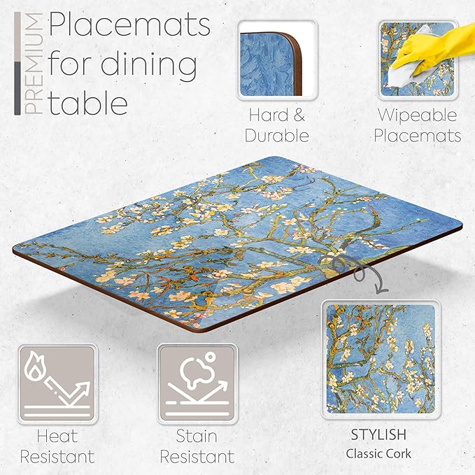 Moderry Set of 4 Heat Resistant Cork Placemats for Dining Table with Free Set of 4 Matching Drink Coasters Van Gough Blue Botanical Design 16 x 12 Inches Cork Backed Hard Placemats (Almond Blossoms)