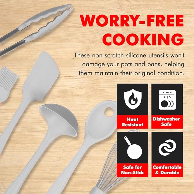 Chef Craft - Premium Silicone Kitchen Tools and Utensils Set, Non-Scratch, Withstands Temperatures up to 450째F, BPA-Free, 9 Piece Cooking Utensils Set, Gray