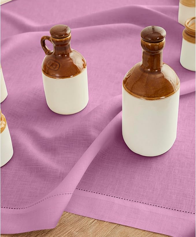 Solino Home Linen Tablecloth 52 x 52 Inch - 100% Pure Linen Violet Square Tablecloth - Classic Hemstitch, Machine Washable Table Throw for Valentines, Spring, Easter