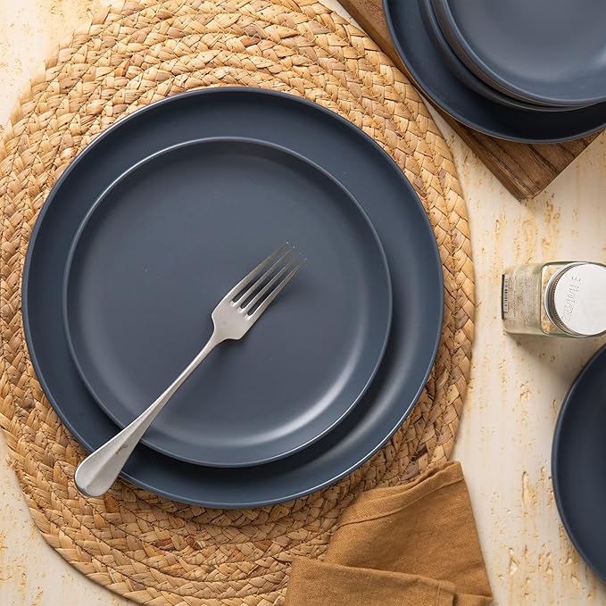 Furrnook 12-Piece Stoneware Dinnerware Set with Mugs | Microwave and Dishwasher Friendly | Stackable Matte Glaze Plates & Bowls | Service for 3 (Blue for 3)