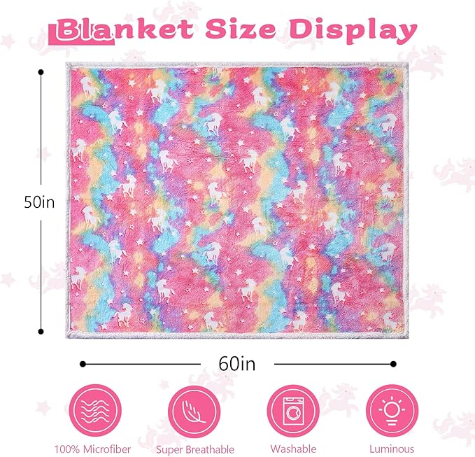 QSTEHEML Unicorns Glow in The Dark Blanket,Unicorn Gifts Sherpa Fleece Throw Blanket for Girls Age 3-12 Year Old, for Teens- Christmas Birthday Bedroom Decor 50"횞60"
