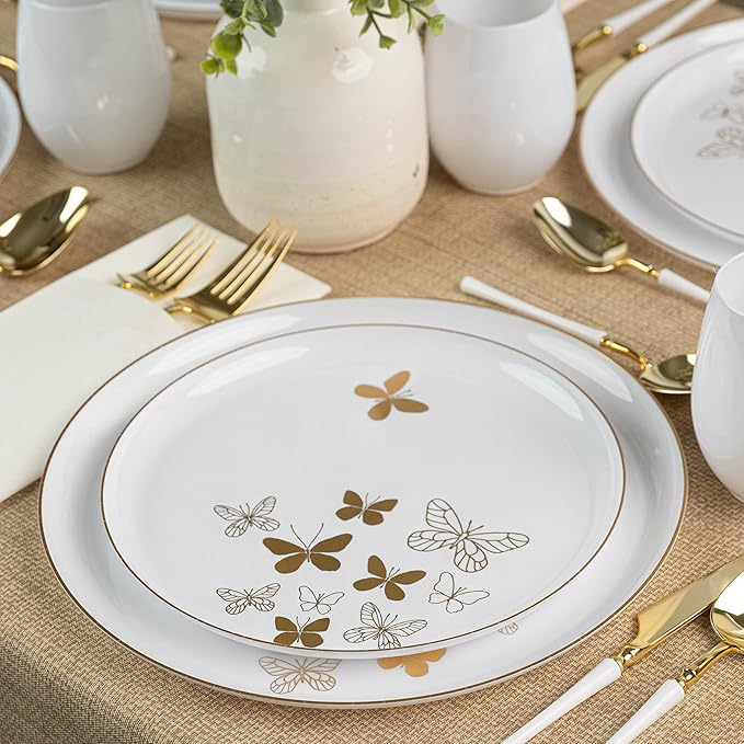PLASTICPRO [30 Pack 6.3 Plastic Party Plates Edge Collection Premium heavyweight Elegant Disposable Tableware Dishes Butterfly Collection