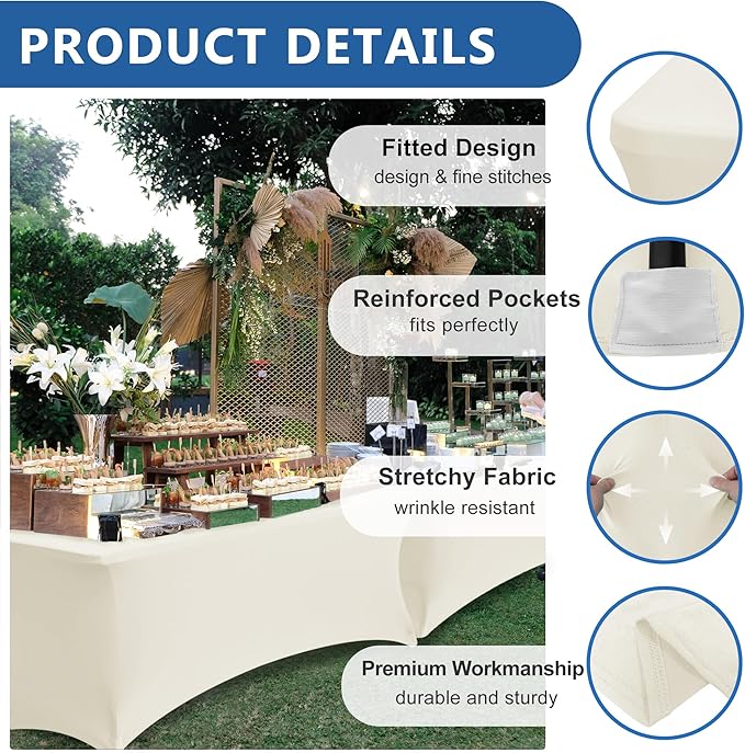 Enjoyidea Spandex Table Cloths for 6 Foot Rectangle Tables-8 Pack Fitted Stretch Cream Table Covers-Elastic Folding Tablecloths for Party, Vendor Booth Display, Banquet Buffet Event, Craft Trade Show