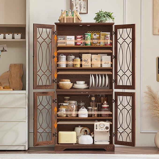 67" Tall Pantry Cabinet Set of 2, Vintage Kitchen Pantries Cabinets with Glass Doors & Adjustable Shelves, Wood Cupboard with Large Storage for Dingning Room, Bathroom, Brown