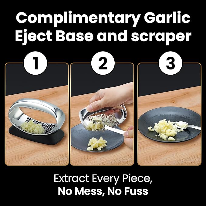 Garlic Press Rocker Stainless Steel with Eject Base + Scraper Spoon, Innovative 3D Cutting, Easy Crush & Clean Garlic Mincer, Premium Garlic Peeler Tool with Non-Slip Ergonomic Grip, 5 Year Warranty