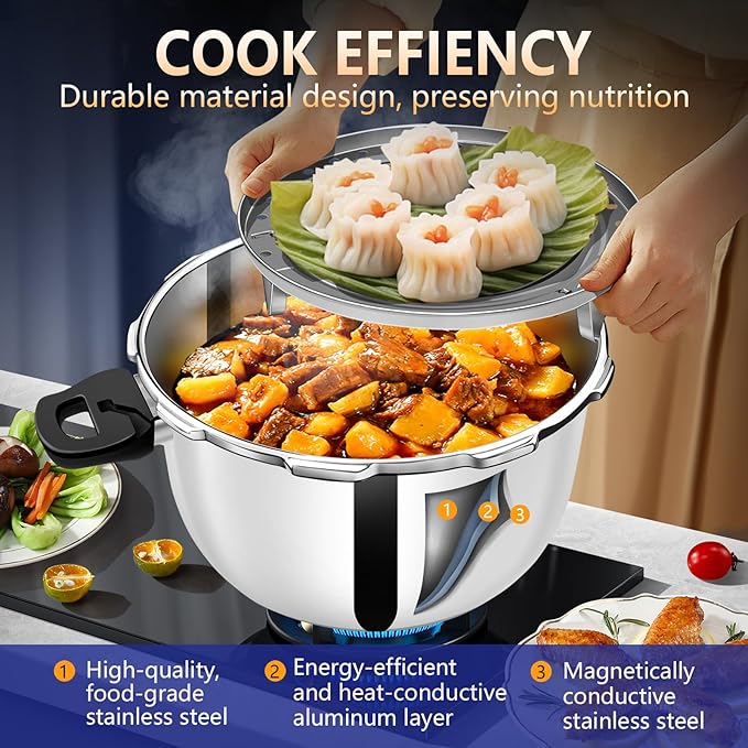12Qt Pressure Cooker Stainless Steel Commercial Stove Top Pressure Cooker Pot Used for Pressure Foodie or Steaming Compatible with Gas & Induction Cooker