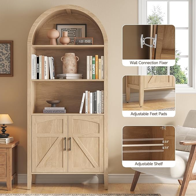 ONBRILL 71" Tall Arched Bookshelf, 5-Tier Arched Bookcase with Door & Storage Cabinet, Farmhouse Display Bookshelf Cabinet with Adjustable Shelf, Freestanding Wood Bookcase for Home Office, Study