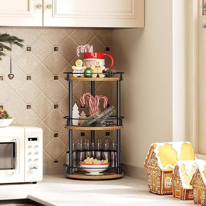 3-Tier Lazy Susan Organizer, Rotating Spice Rack, Spinning Organizer, Industrial Turntable Spice Rack Organizer for Cabinet, Kitchen Countertop, Pantry, Rustic Brown and Black SR23BR